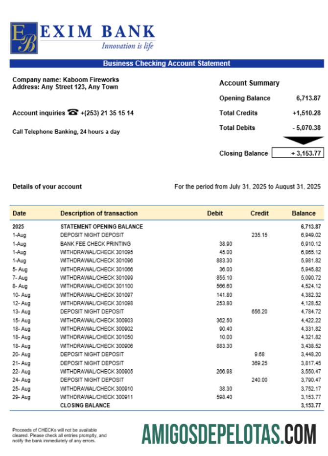 Em branco Exim Bank Business Account Extracto modelo Word e PDF